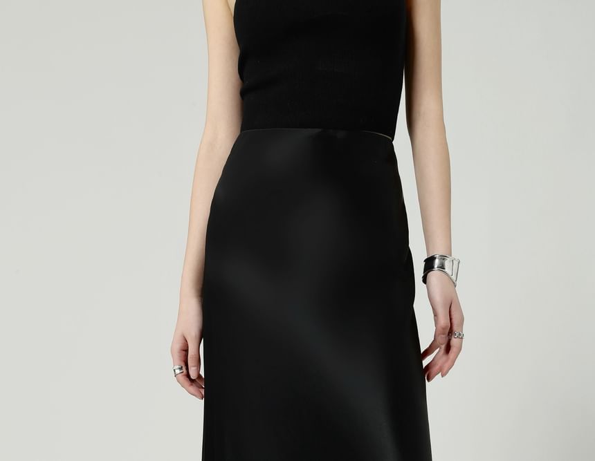 Satin High A-Line Plain Maxi Waist Skirt