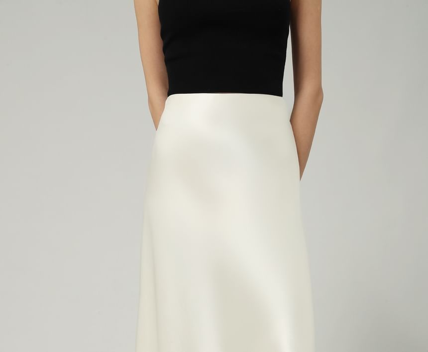 Plain Maxi High Skirt Satin Waist A-Line