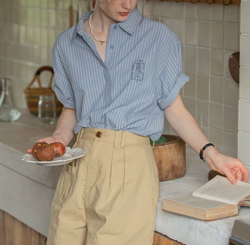 Button-Up Elbow-Sleeve Collared Embroidered Blouse Striped