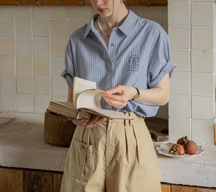 Button-Up Striped Collared Blouse Embroidered Elbow-Sleeve