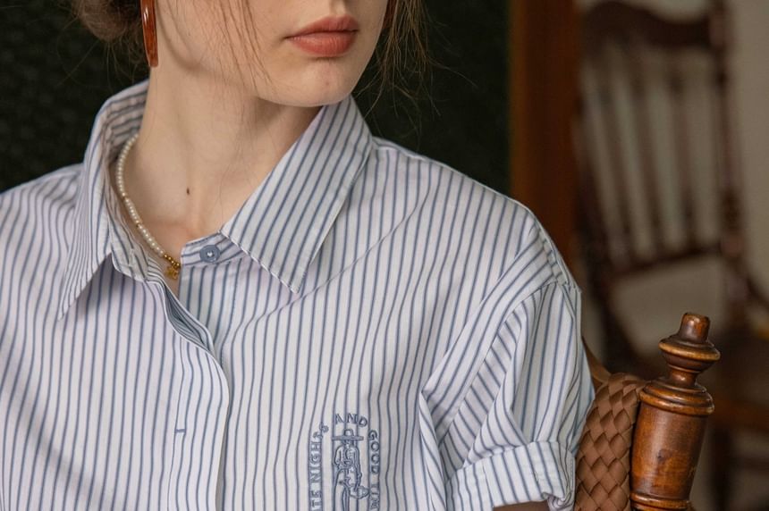 Button-Up Striped Collared Blouse Embroidered Elbow-Sleeve