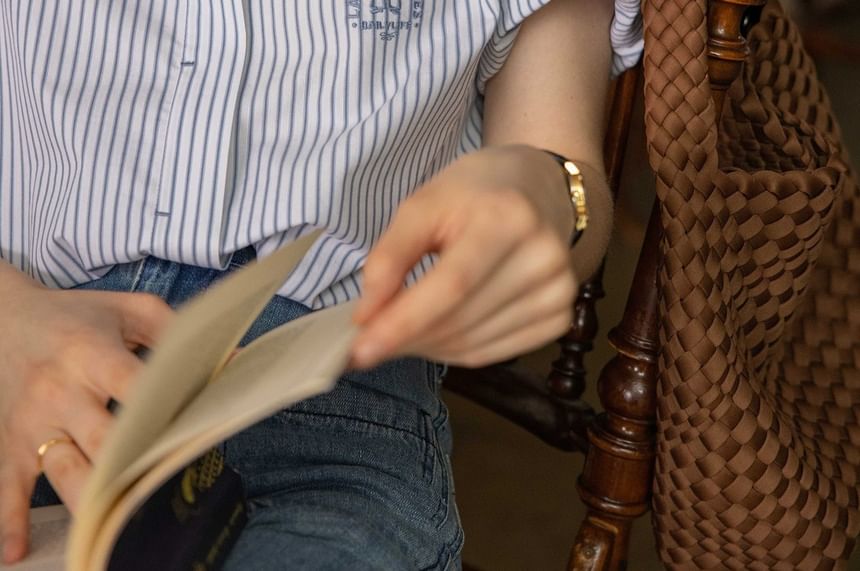 Button-Up Striped Collared Blouse Embroidered Elbow-Sleeve