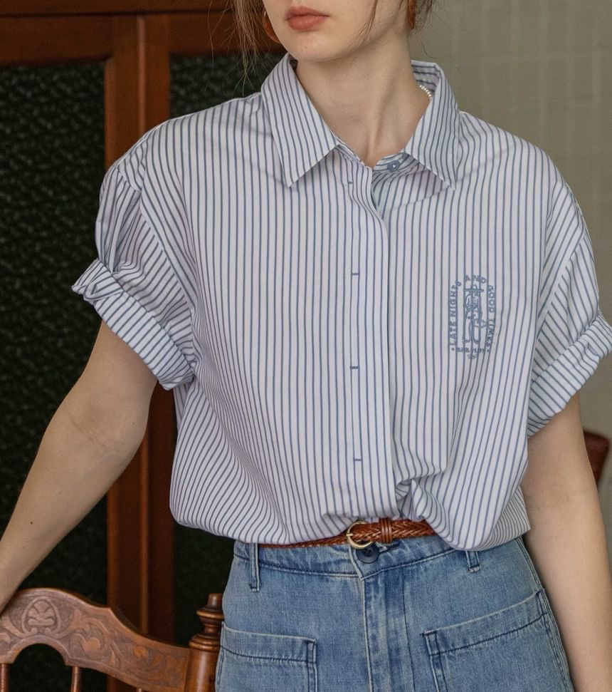 Button-Up Striped Collared Blouse Embroidered Elbow-Sleeve