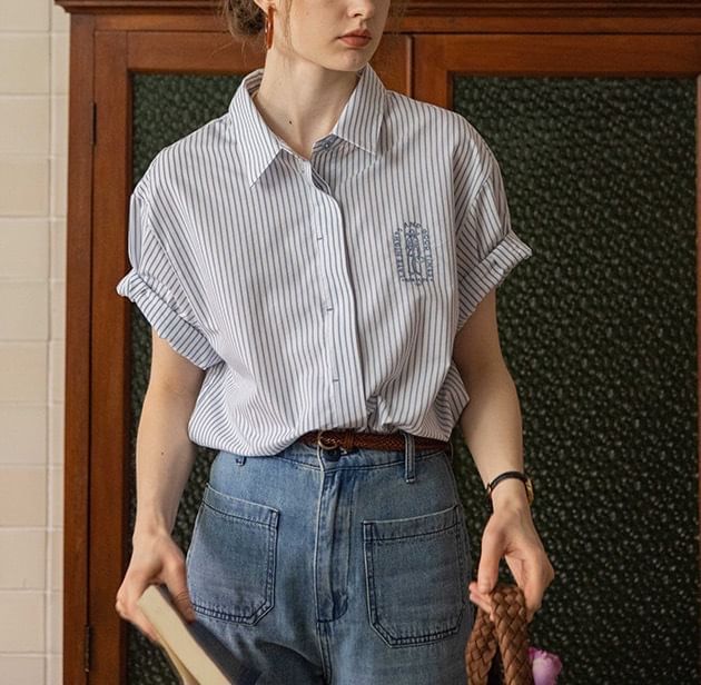 Button-Up Striped Collared Blouse Embroidered Elbow-Sleeve