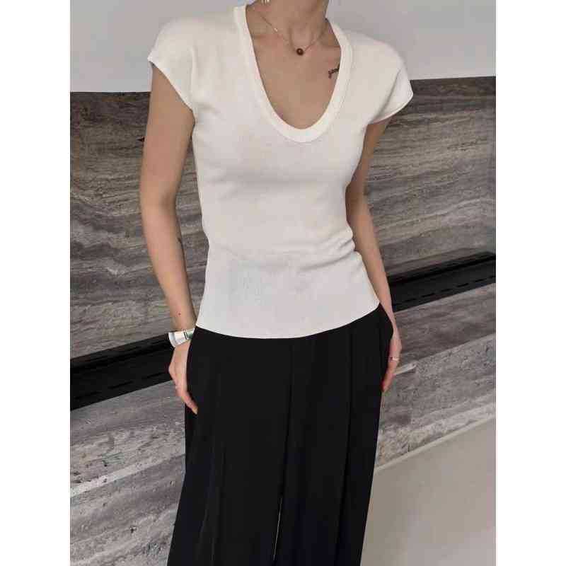 Cap-Sleeve Slim Top Fit Knit Neck Scoop Plain