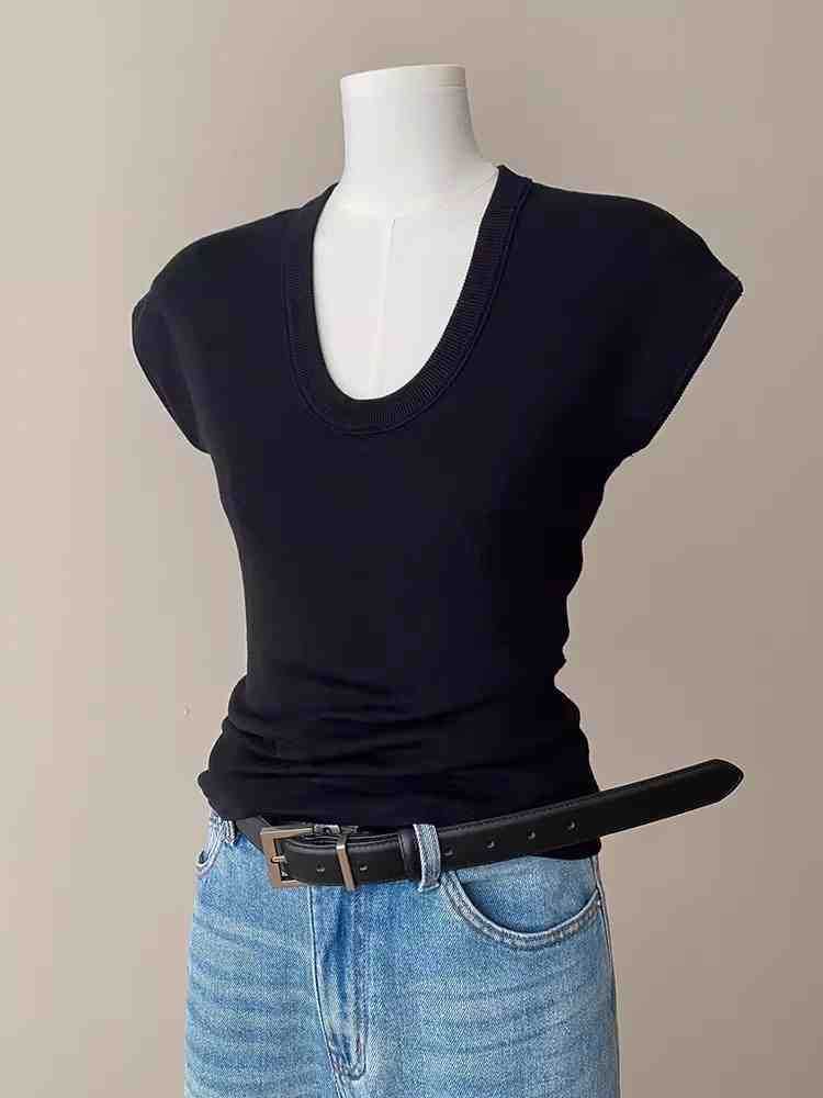Neck Cap-Sleeve Scoop Slim Fit Knit Top Plain