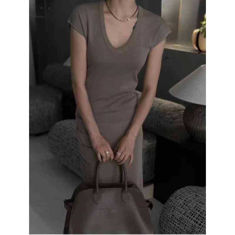 Cap-Sleeve Slim Top Fit Knit Neck Scoop Plain