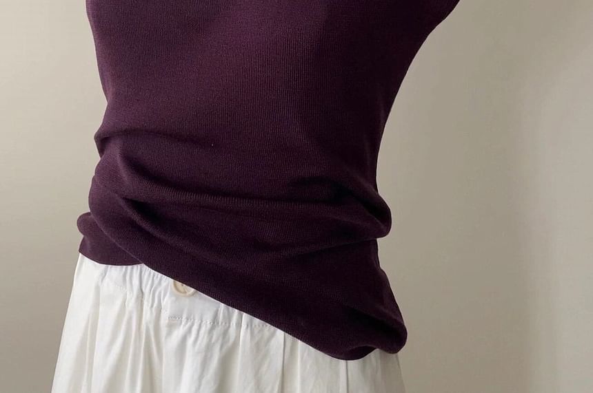 Neck Cap-Sleeve Scoop Slim Fit Knit Top Plain
