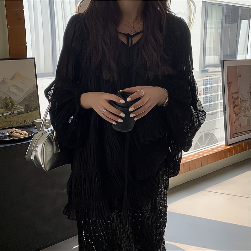 Plain High Tie Skirt Cami Midi Sequin Top Blouse Rise Long-Sleeve V-Neck Front Set Sheer H-Line /