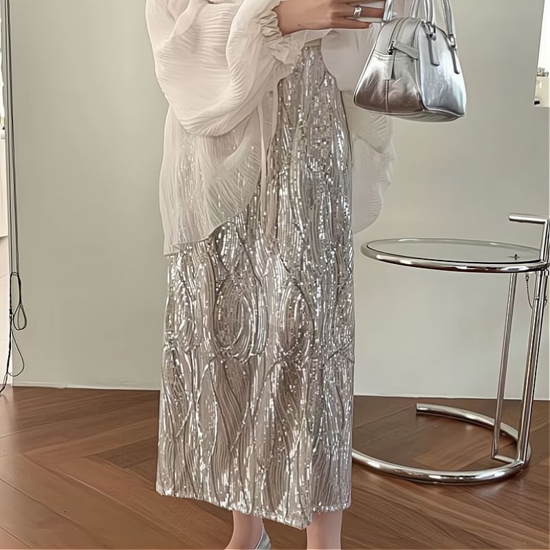 Rise H-Line Set Front Blouse Skirt Plain Top Midi High V-Neck Tie / Long-Sleeve Sheer Cami Sequin