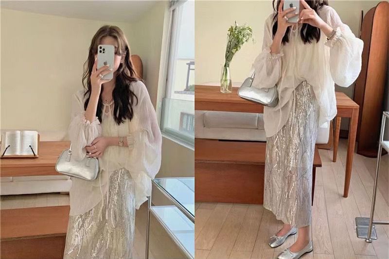 Rise H-Line Set Front Blouse Skirt Plain Top Midi High V-Neck Tie / Long-Sleeve Sheer Cami Sequin