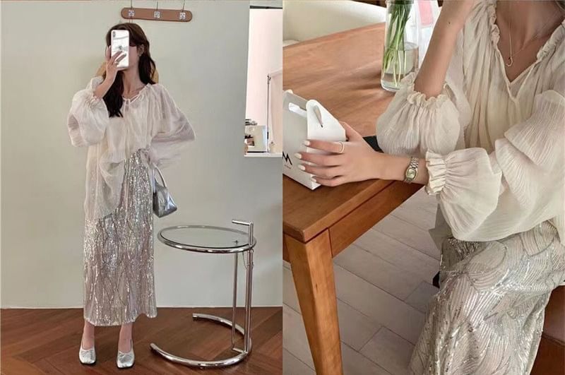 Plain High Tie Skirt Cami Midi Sequin Top Blouse Rise Long-Sleeve V-Neck Front Set Sheer H-Line /