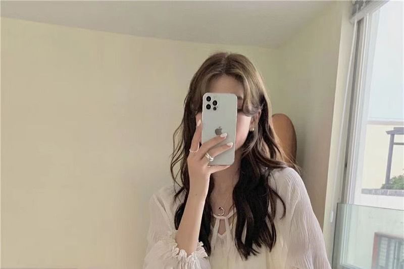 Plain High Tie Skirt Cami Midi Sequin Top Blouse Rise Long-Sleeve V-Neck Front Set Sheer H-Line /