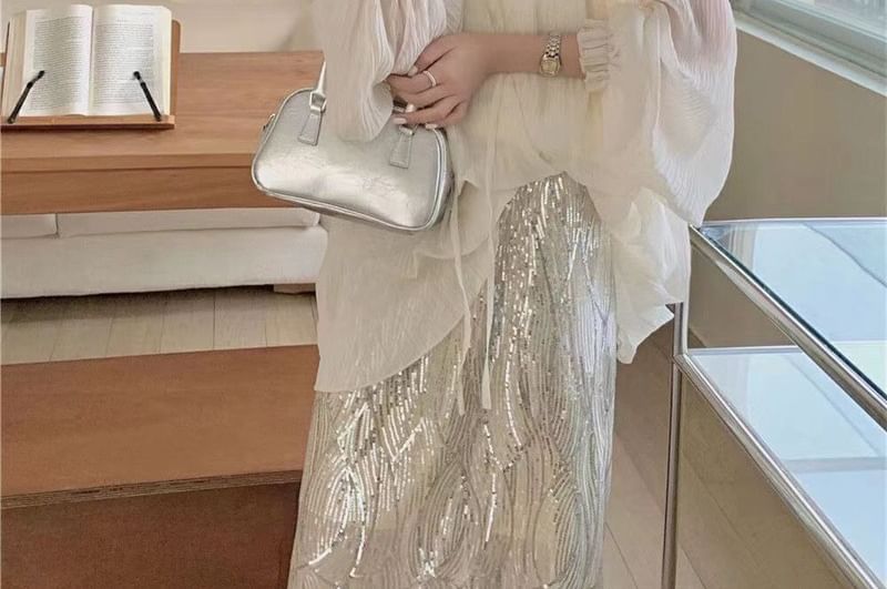 Rise H-Line Set Front Blouse Skirt Plain Top Midi High V-Neck Tie / Long-Sleeve Sheer Cami Sequin