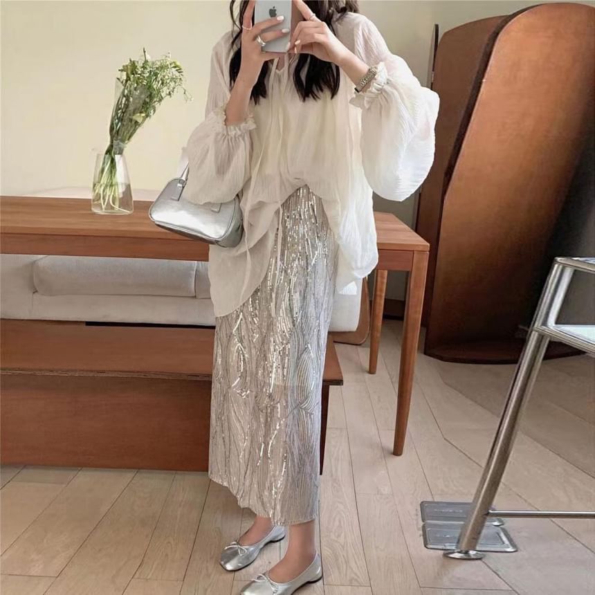 Rise H-Line Set Front Blouse Skirt Plain Top Midi High V-Neck Tie / Long-Sleeve Sheer Cami Sequin