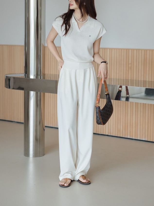 Knit Cap-Sleeve Top V-Neck Collared Crop Plain