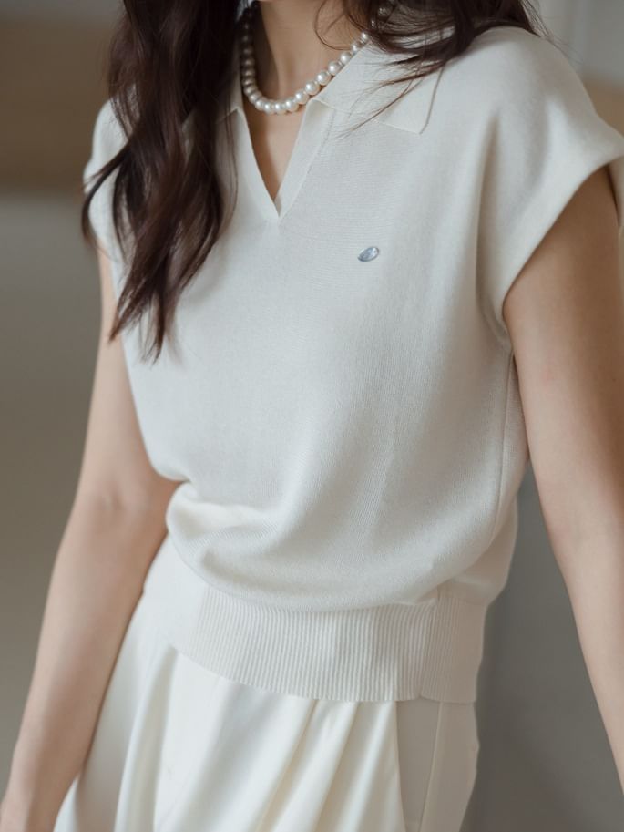 Knit Cap-Sleeve Top V-Neck Collared Crop Plain