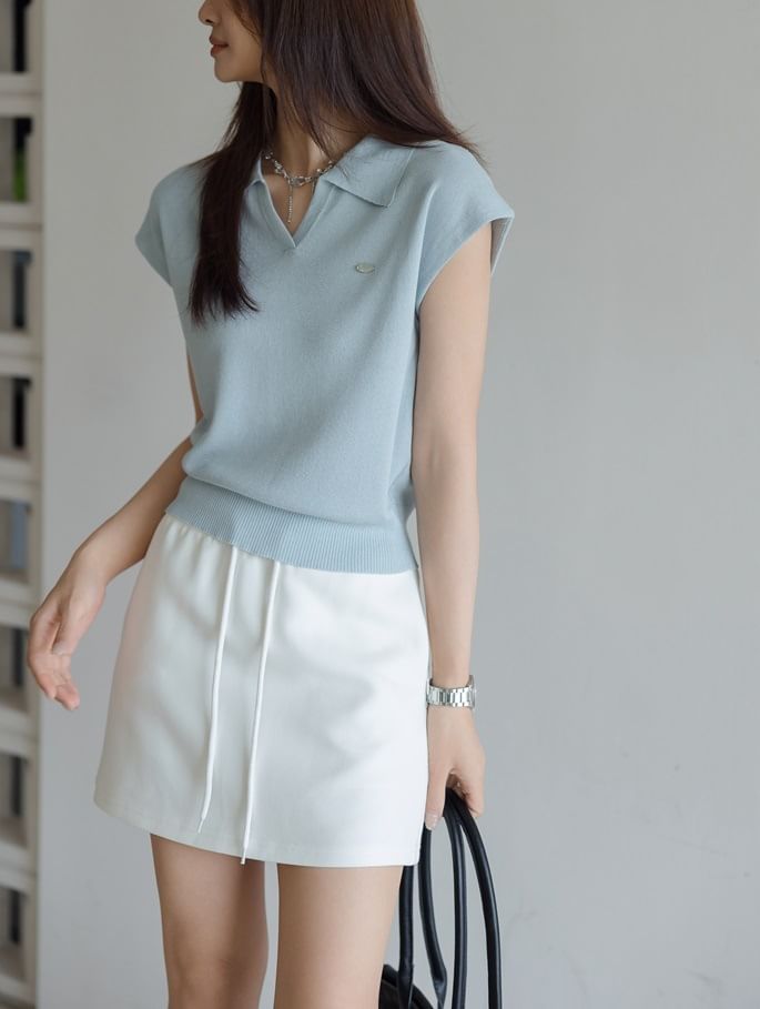 Knit Cap-Sleeve Top V-Neck Collared Crop Plain