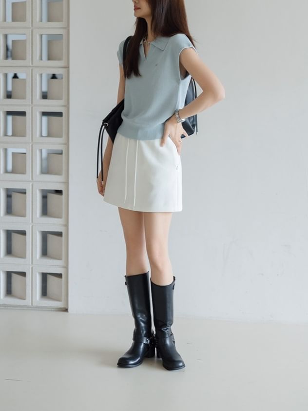 Knit Cap-Sleeve Top V-Neck Collared Crop Plain