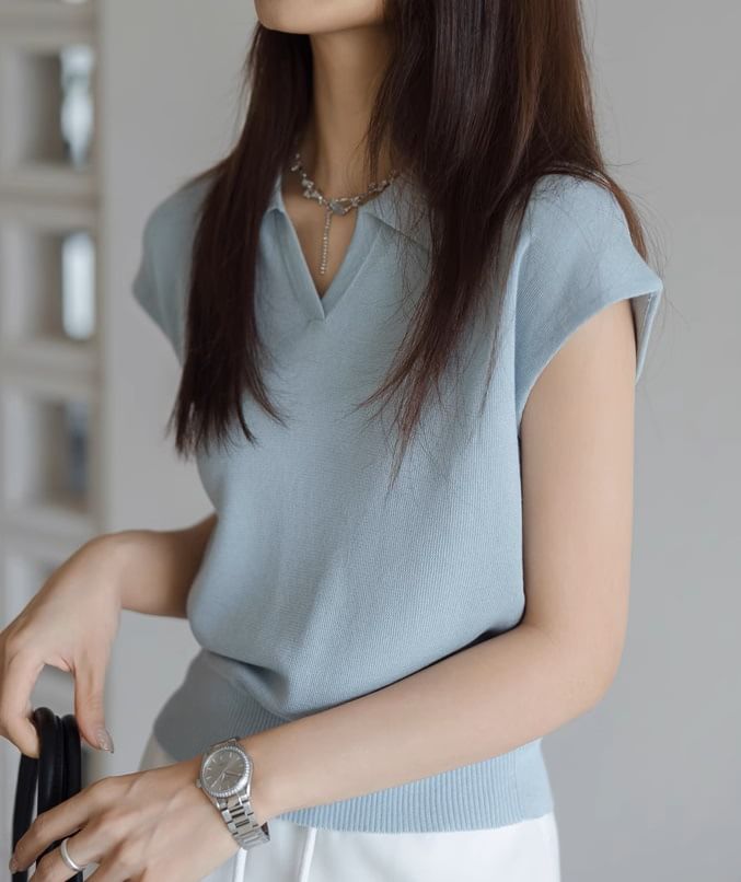 Knit Cap-Sleeve Top V-Neck Collared Crop Plain