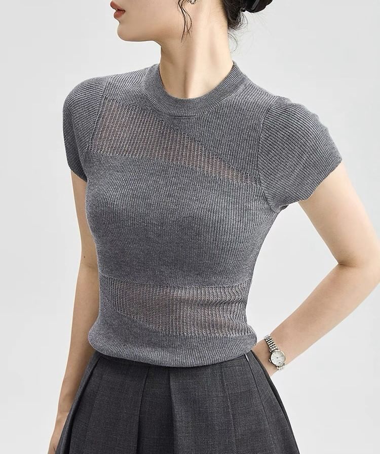 Sheer Top Knit Cap-Sleeve Panel Round Neck Plain