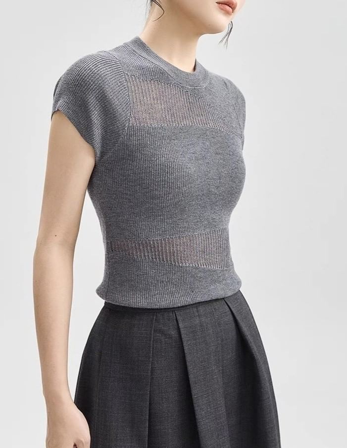 Sheer Top Knit Cap-Sleeve Panel Round Neck Plain