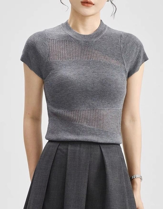 Sheer Top Knit Cap-Sleeve Panel Round Neck Plain