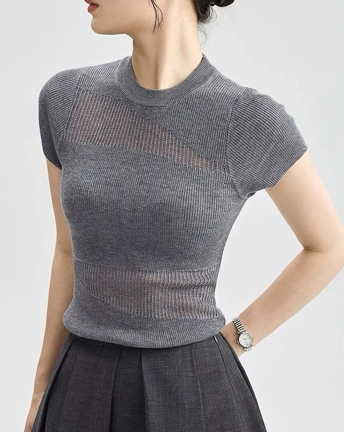 Sheer Top Knit Cap-Sleeve Panel Round Neck Plain