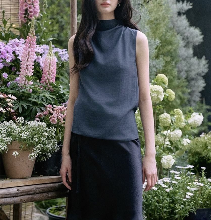 Mock Blouse Neck Sleeveless Plain