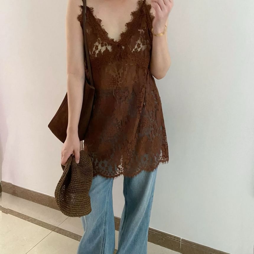 Strap Lace Plain Spaghetti Cami Top V-Neck