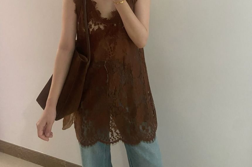 V-Neck Spaghetti Cami Plain Strap Top Lace