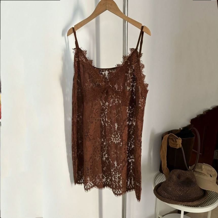 V-Neck Spaghetti Cami Plain Strap Top Lace