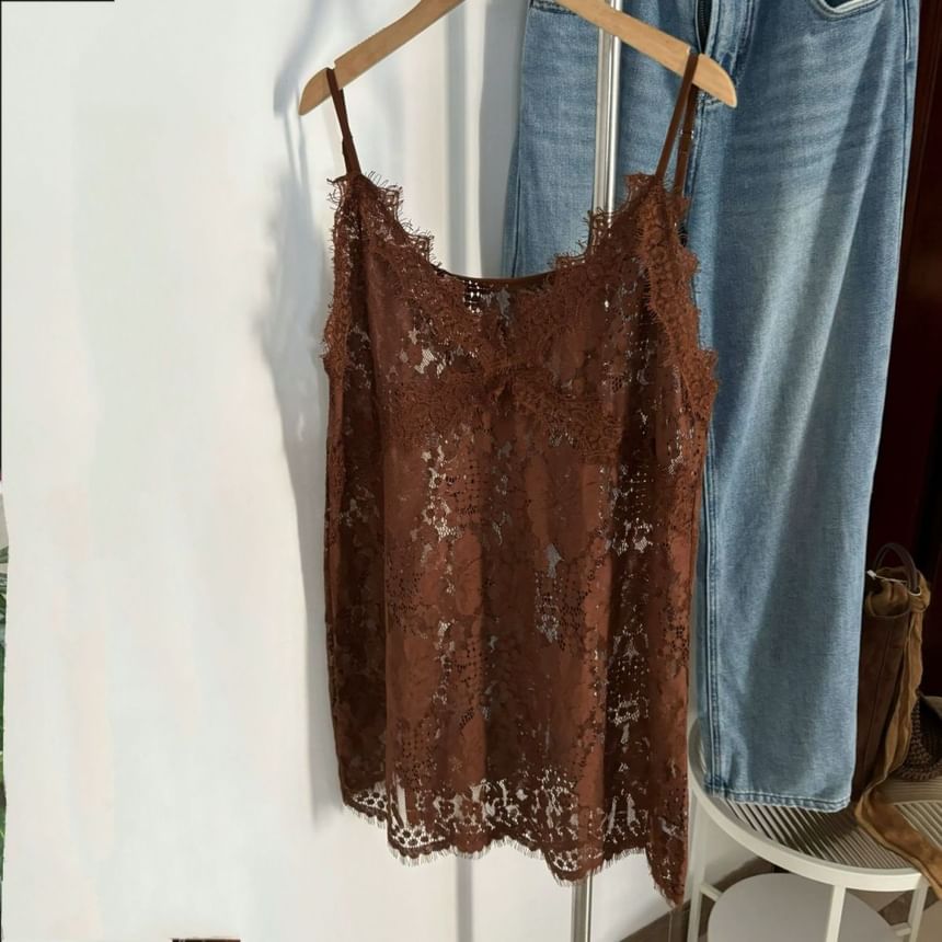 Strap Lace Plain Spaghetti Cami Top V-Neck