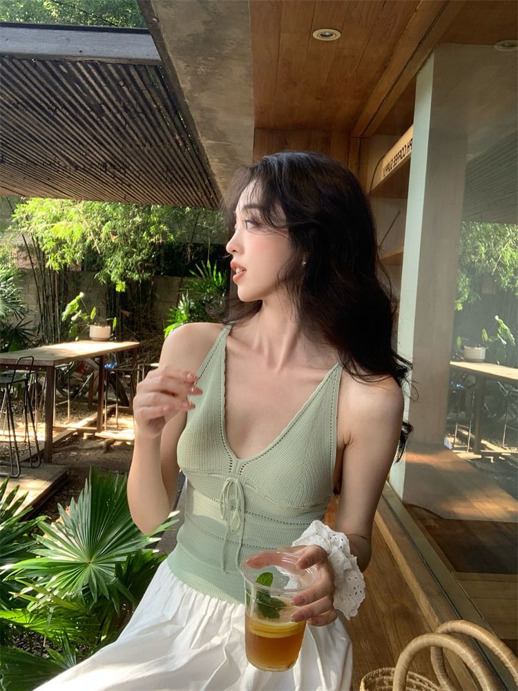 Strap Neck Spaghetti Top Tie Camisole Plain V-Neck