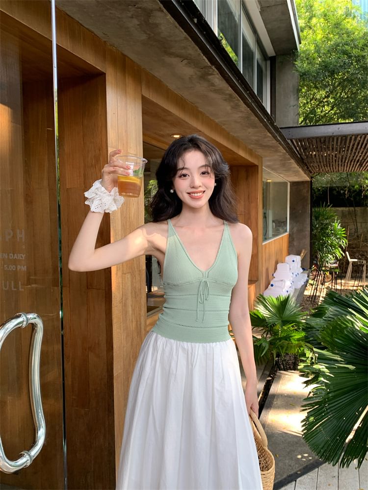 Strap Neck Spaghetti Top Tie Camisole Plain V-Neck