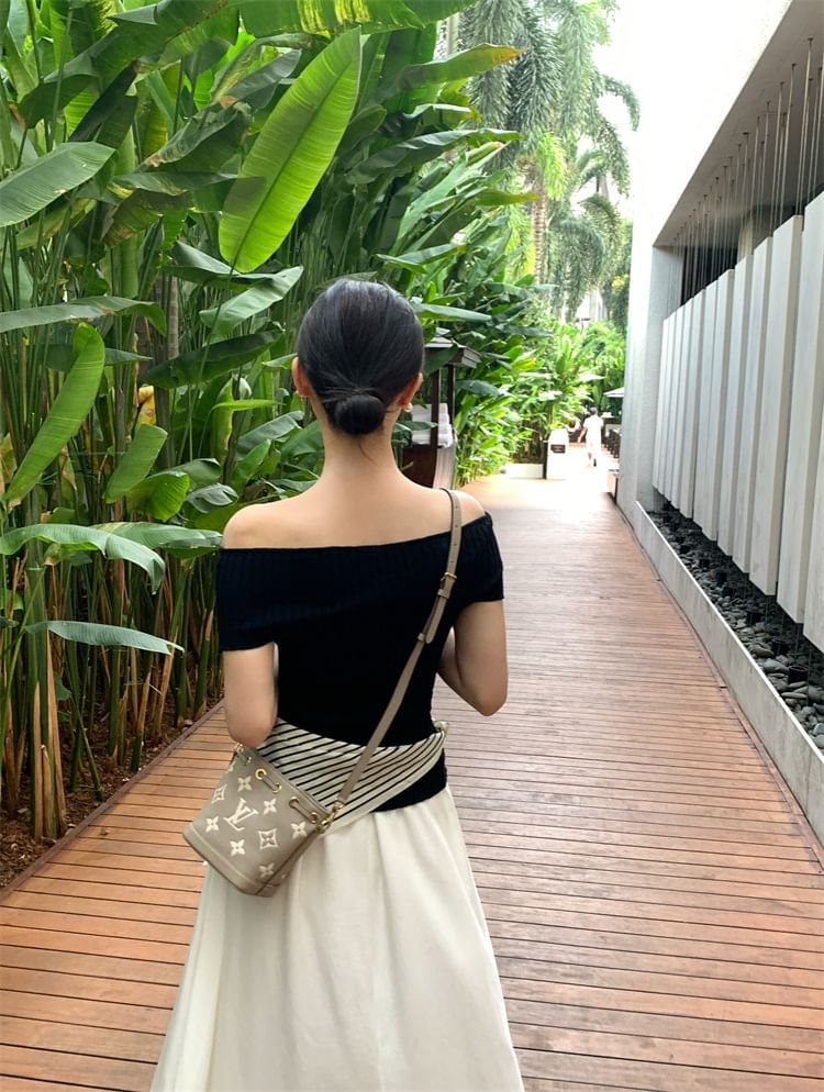 Top Short-Sleeve Knit Shoulder Plain Ribbed Off