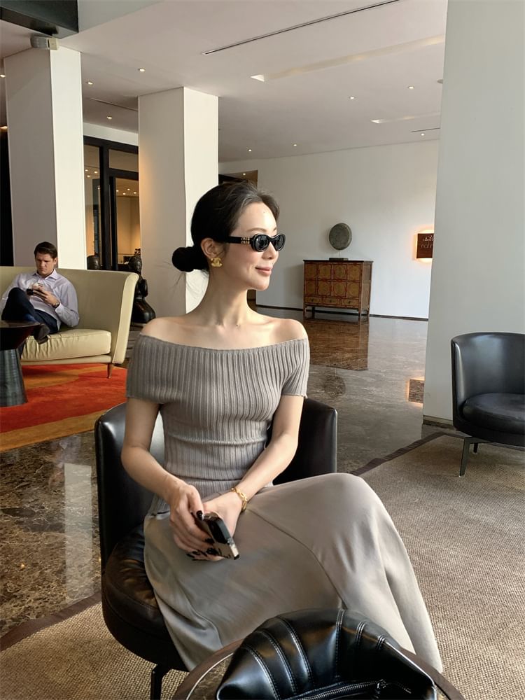 Top Short-Sleeve Knit Shoulder Plain Ribbed Off