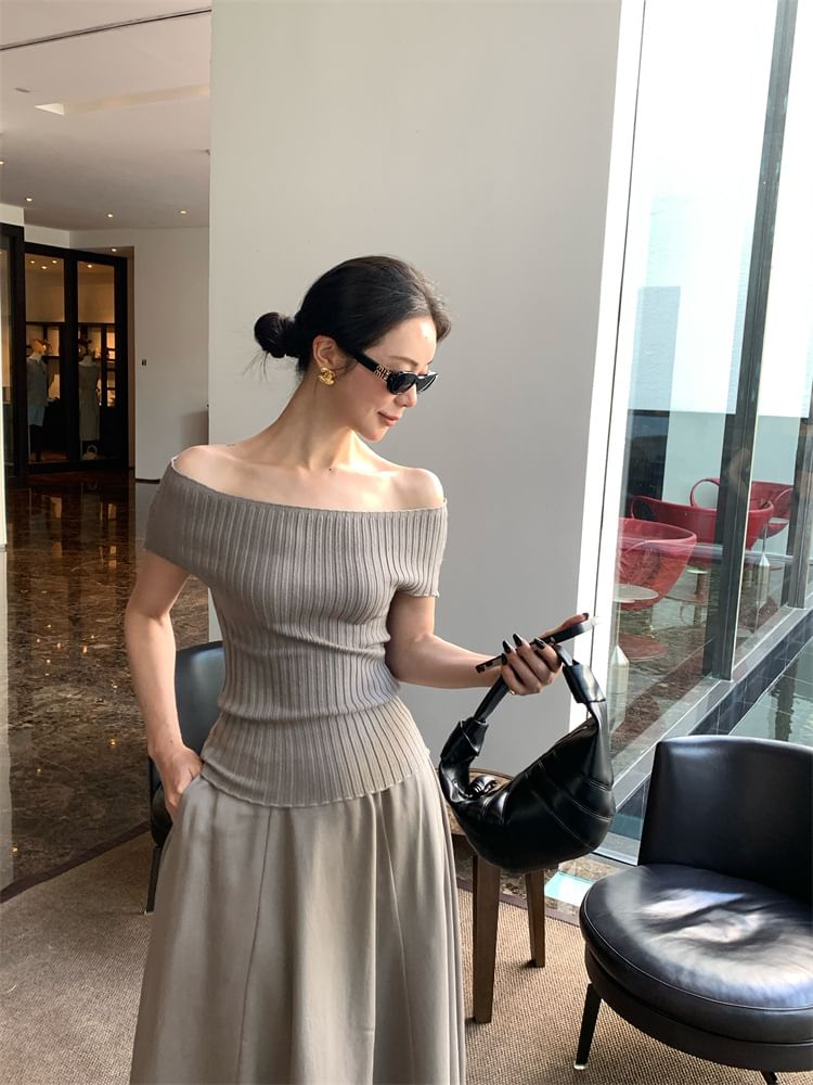 Top Short-Sleeve Knit Shoulder Plain Ribbed Off