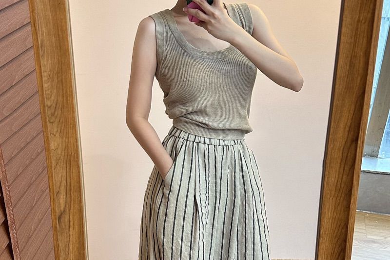 High Striped Waist Pants Leg Wide Plain