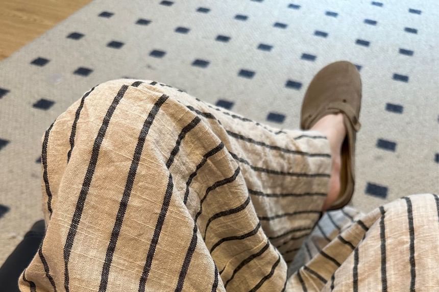 High Striped Waist Pants Leg Wide Plain