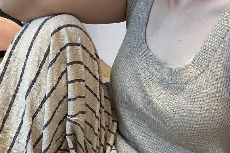 High Pants Waist Plain Wide Leg Striped