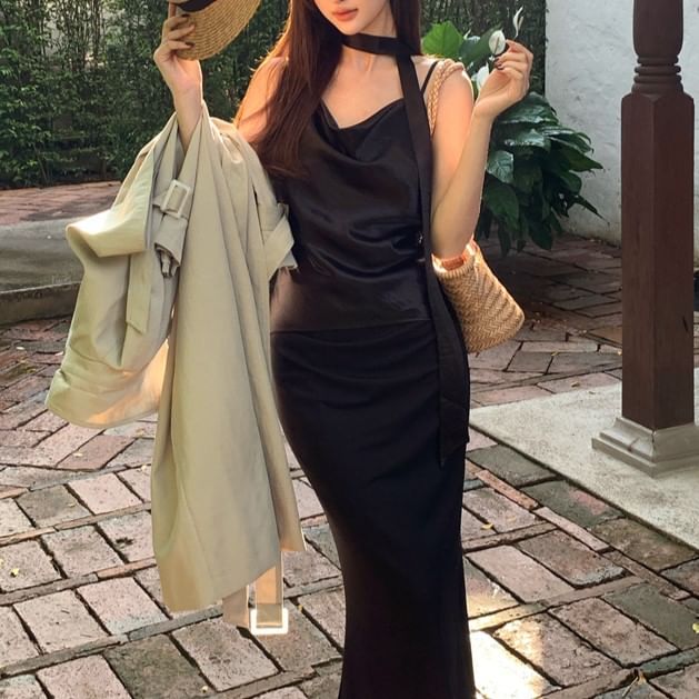 Top Neck Plain Spaghetti Cowl Strap Camisole