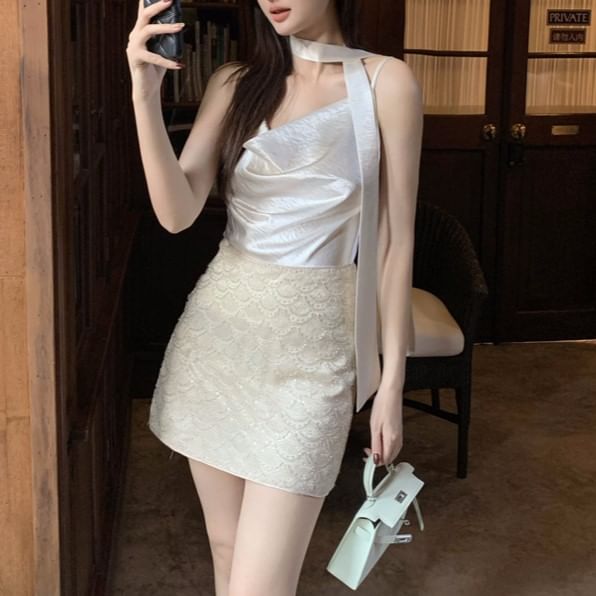 Top Neck Plain Spaghetti Cowl Strap Camisole