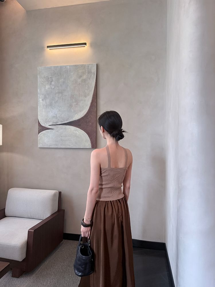 Ribbed Halter Knit Plain Neck Top