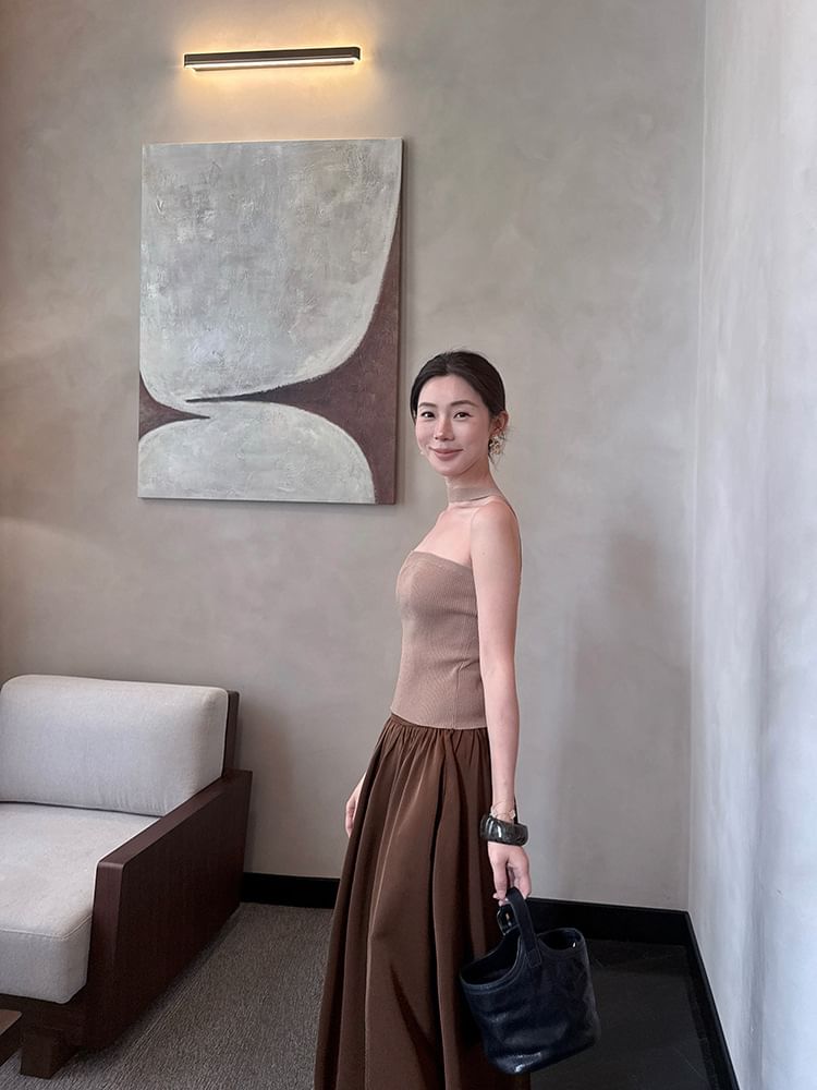 Ribbed Halter Knit Plain Neck Top