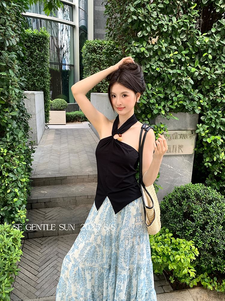 Neck Slit Plain Crop Halter Camisole Top