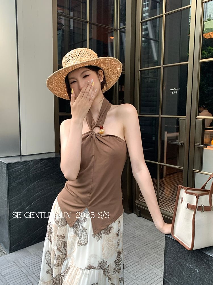 Neck Slit Plain Crop Halter Camisole Top