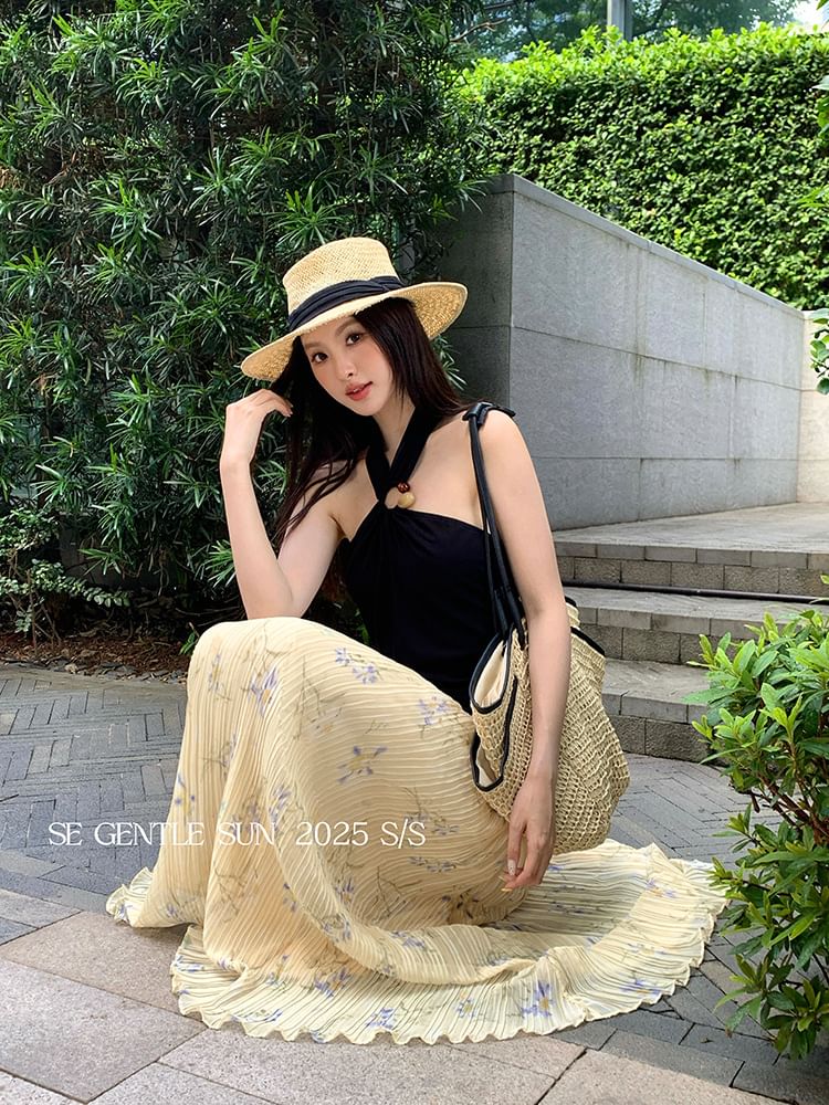 Neck Slit Plain Crop Halter Camisole Top