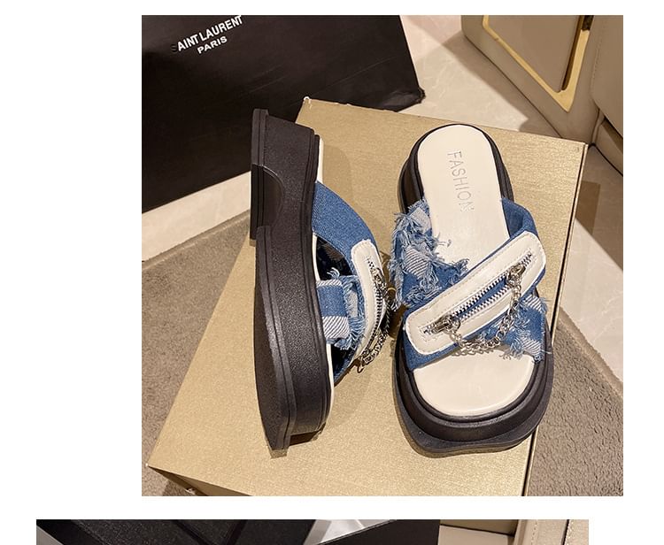 Chain Sandals Zipped Platform Detail Cross Heel Strap Chunky Slide