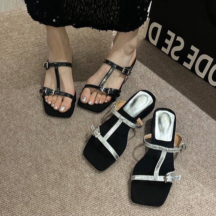 Chunky Sandals Strappy Slide Heel